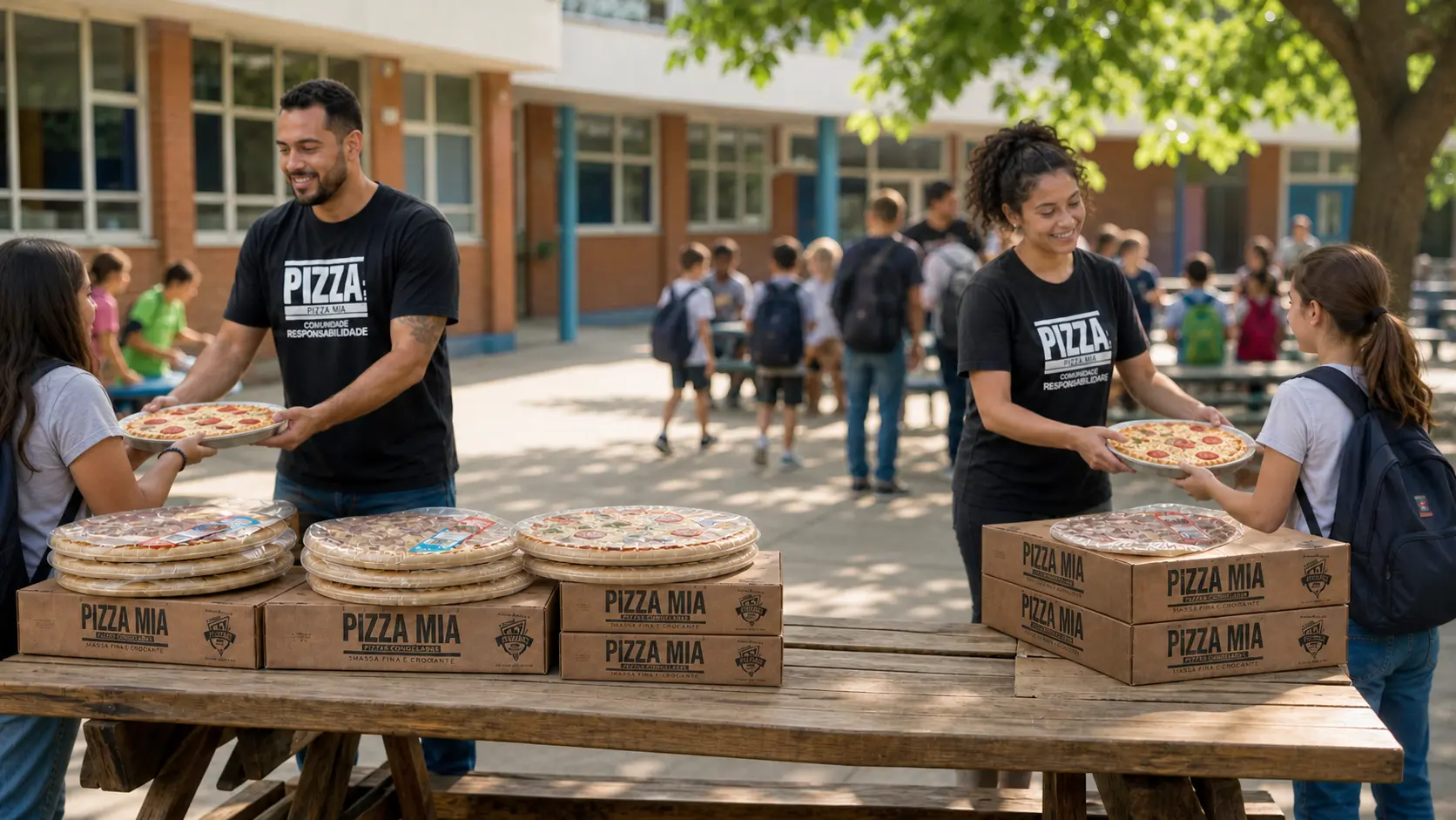 Equipe da escola com pizzas Pizza Mia em campanha de arrecadação