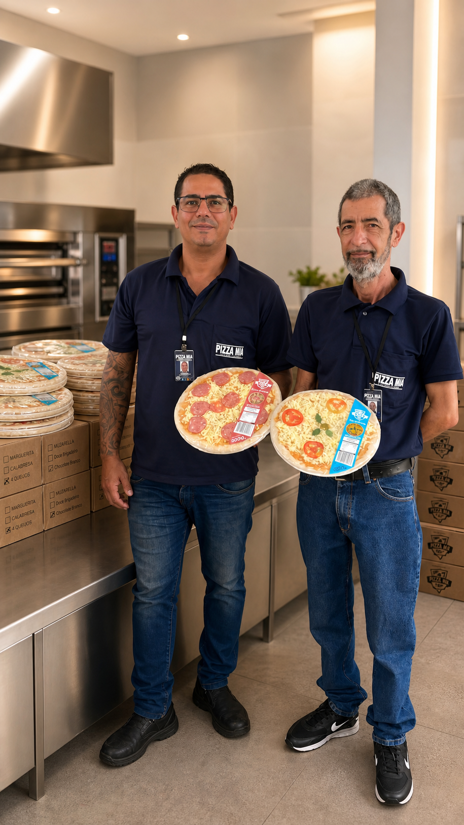 Equipe Pizza Mia na linha de produção segurando pizzas pré-assadas