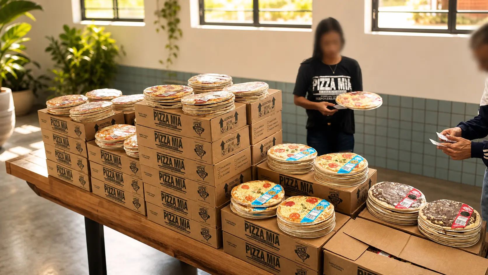 Pizzas Pizza Mia entregues para a comunidade em um evento