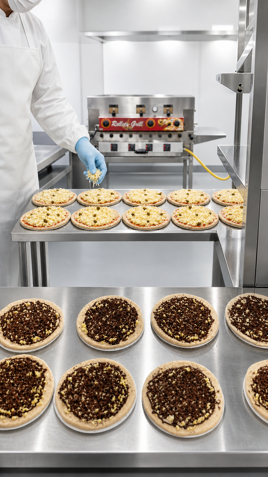 Linha de produção de pizzas pré-assadas com ingredientes selecionados