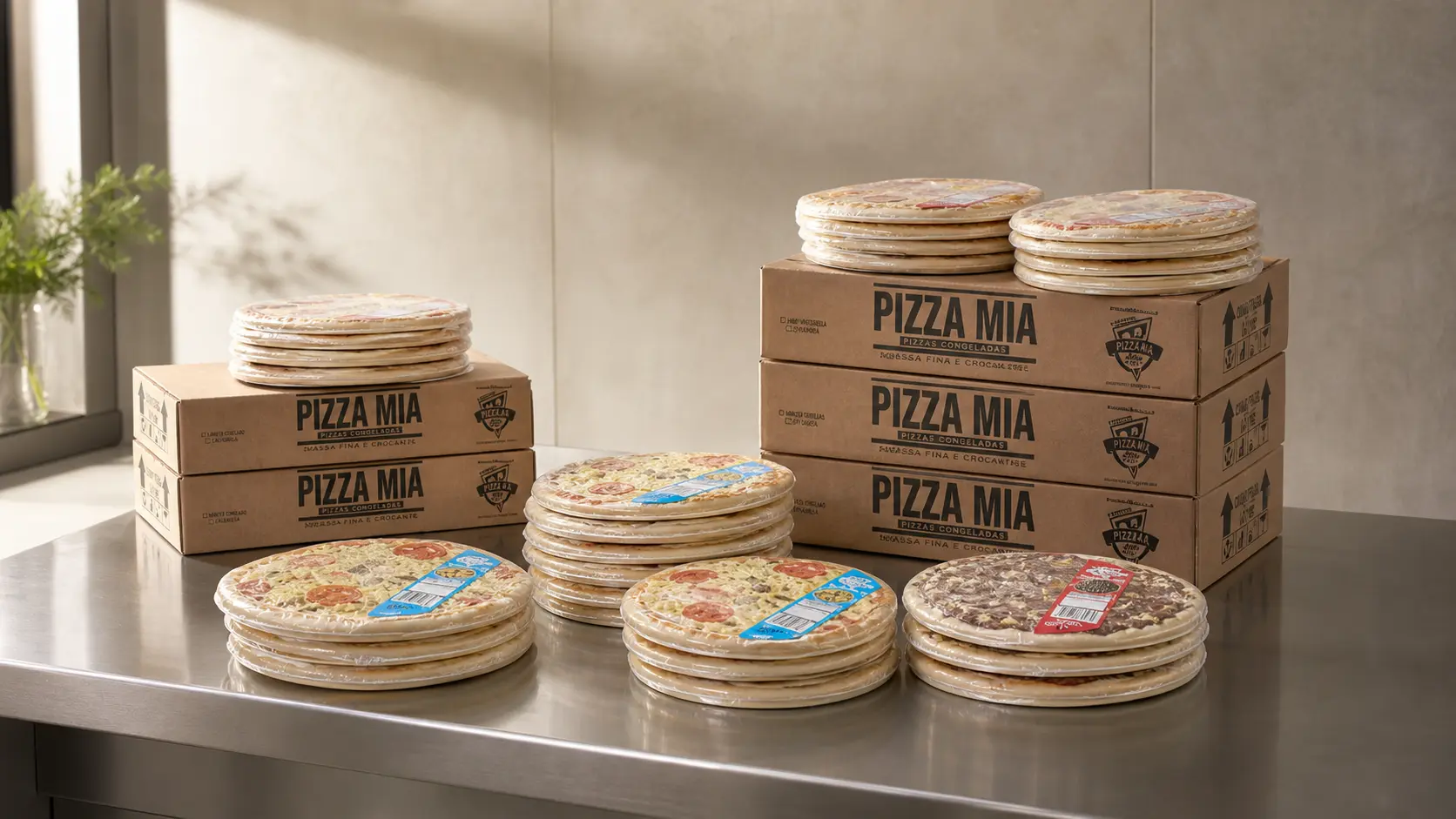 Diversos sabores de pizzas Pizza Mia embalados sobre caixas